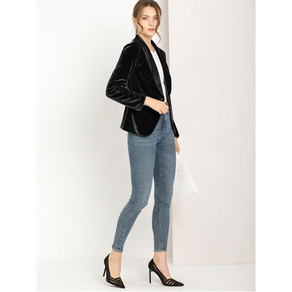 Women's Coat Solid Shawl Collar 1 Button Velvet Blazer Black - Picture 4 of 6